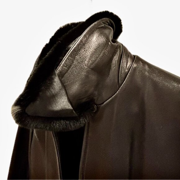 Calvin Klein Stylish Black Leather Jacket Short Coat Fur Collar Womens Small - Picture 10 of 14